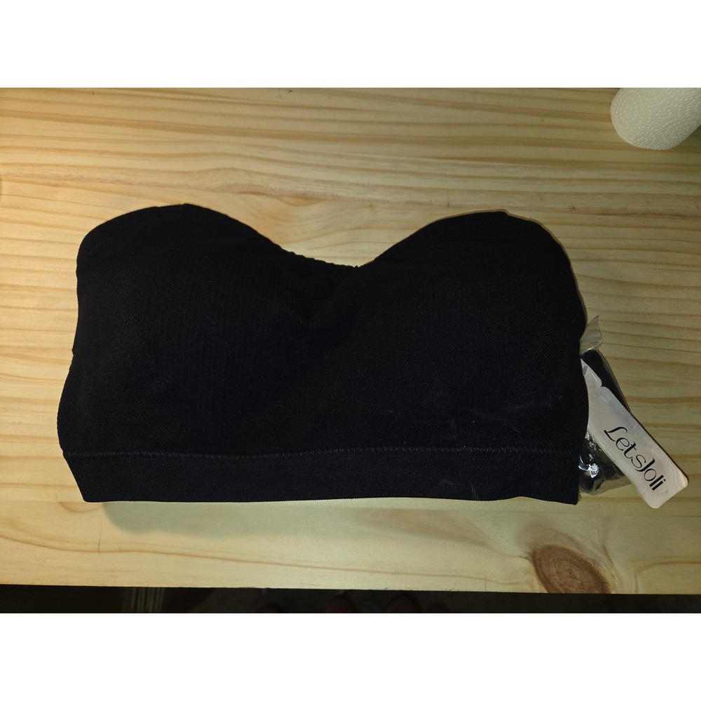 LetsJoli Black Ribbed Bandeau Bra XL Strapless Seamless with Removable Straps